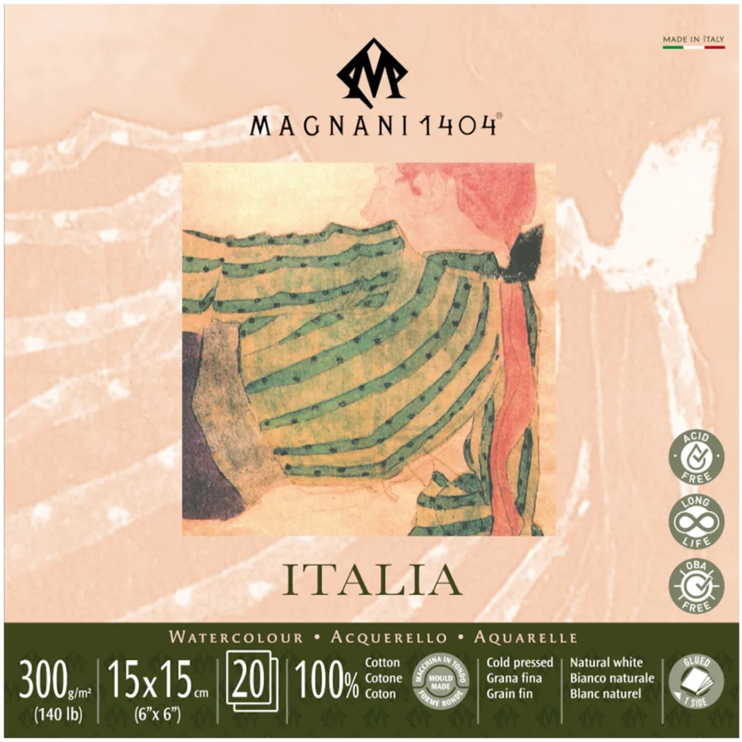 Akvarellblock Italia 100% Bomull 300g Fin Gräng 15x15 cm 20 ark