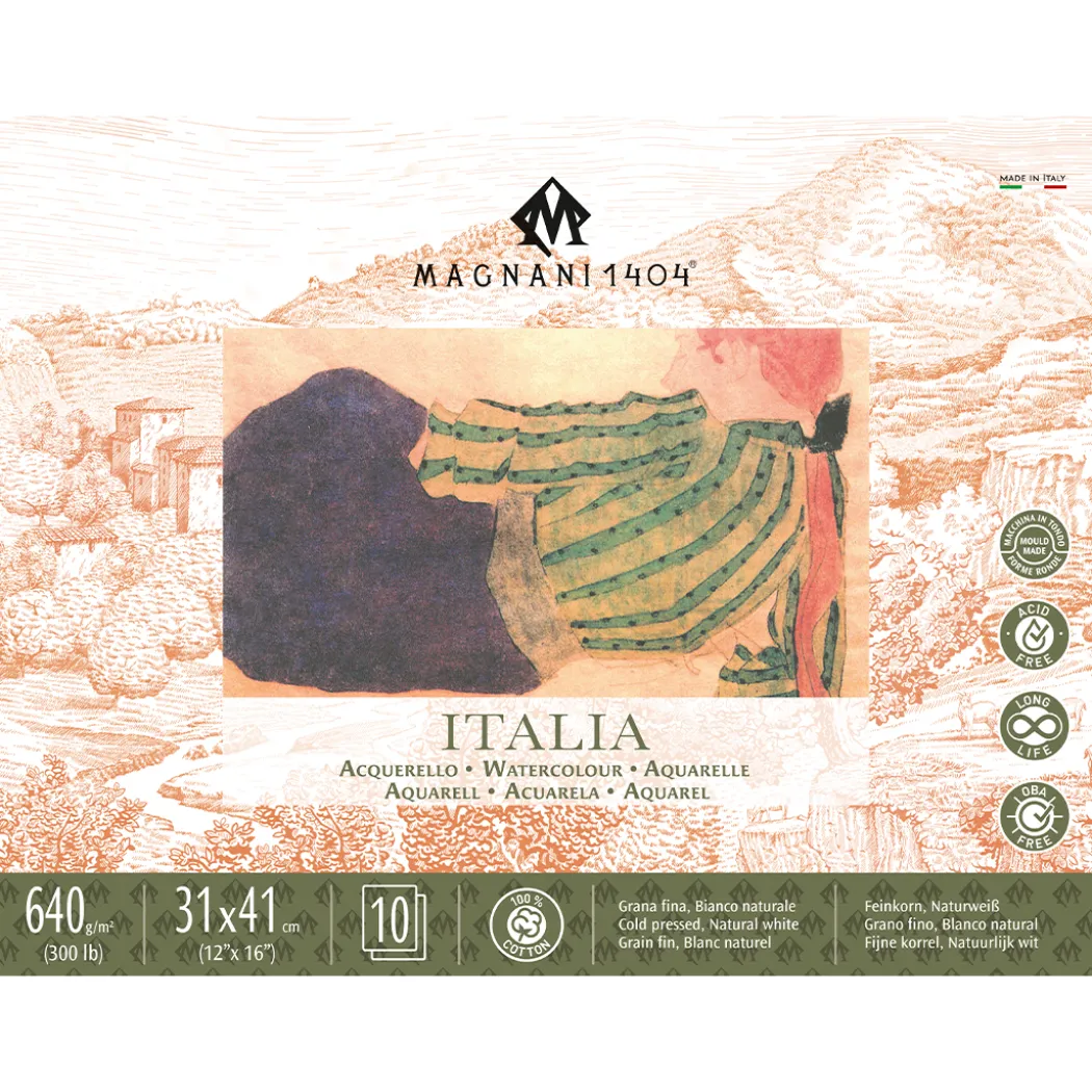 Akvarellblock Italia 100% Bomull 640g Fin Gräng 31x41 cm 10 ark