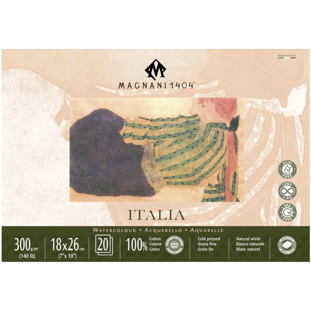 Akvarellblock Italia 100% Bomull 300g Fin Gräng 18x26 cm 20 ark