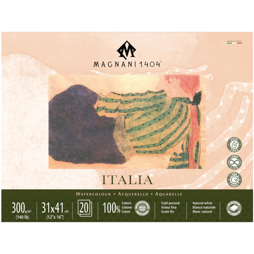 Akvarellblock Italia 100% Bomull 300g Fin Gräng 31x41 cm 20 ark