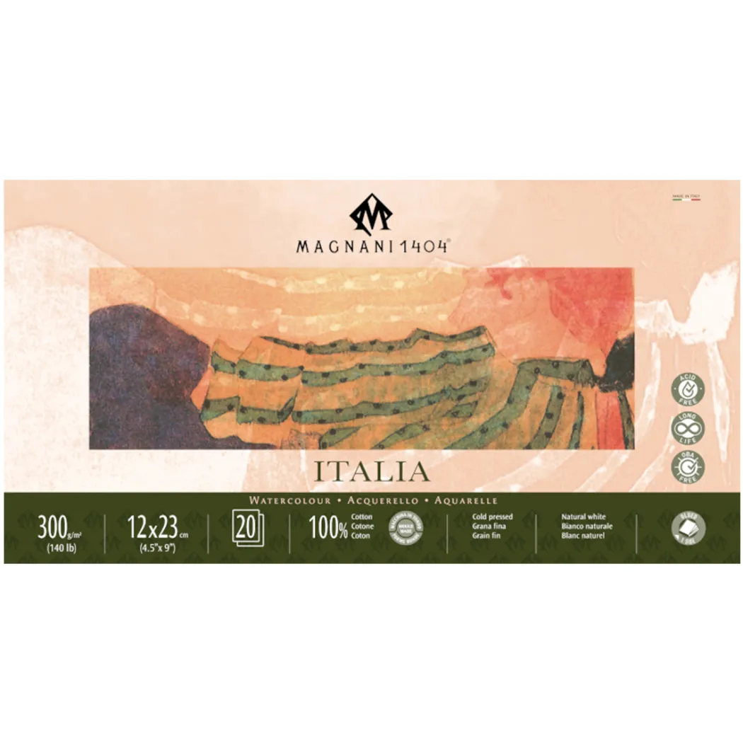 Akvarellblock Italia 100% Bomull 300g Fin Gräng 12x23 cm 20 ark