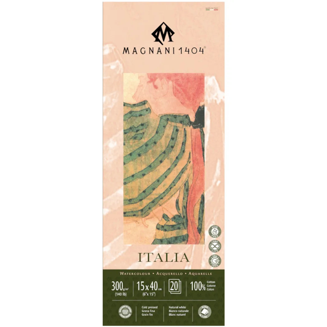 Akvarellblock Italia 100% Bomull 300g Fin Gräng 15x40 cm 20 ark