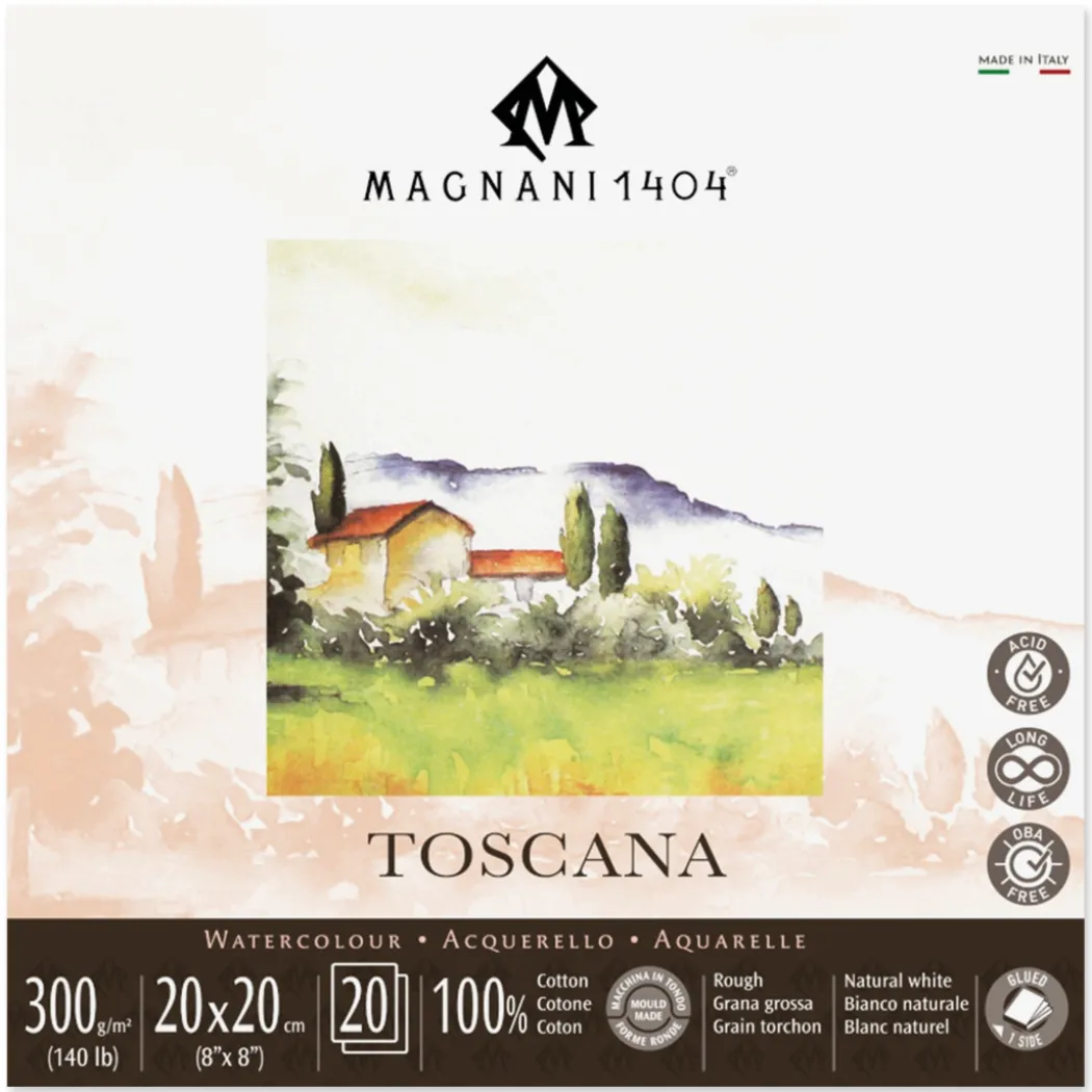 Akvarellblock Toscana 100% Bomull 300g Grov Gräng 20x20 cm 20 ark