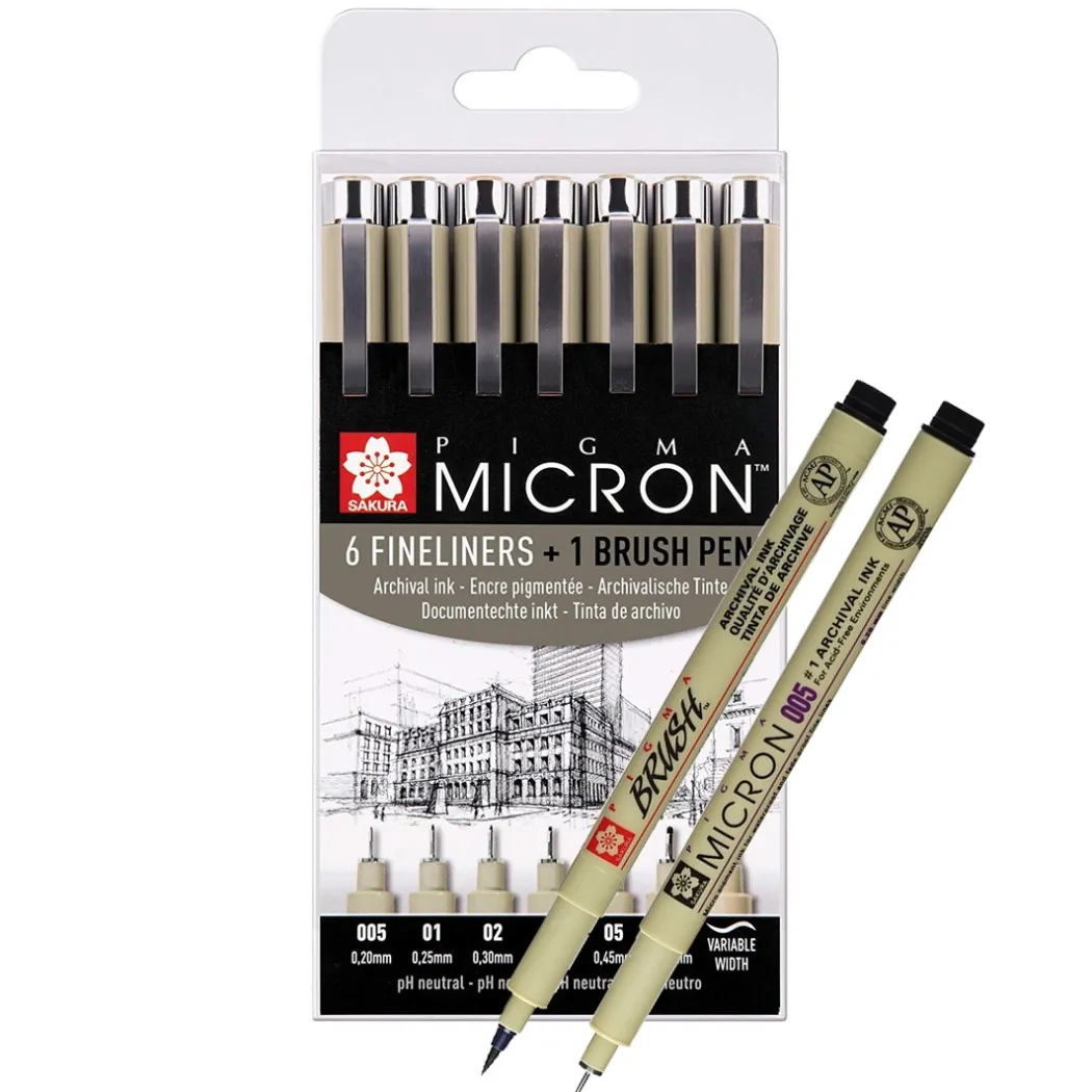 Pigma Micron Fineliner 6-set + 1 Brush Pen