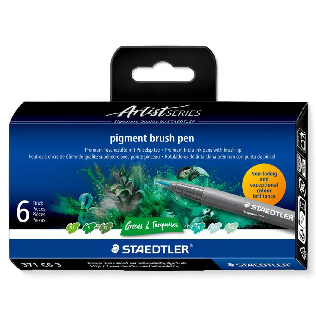 Pigment Arts Brush Pen 6-set Green/Turquoise