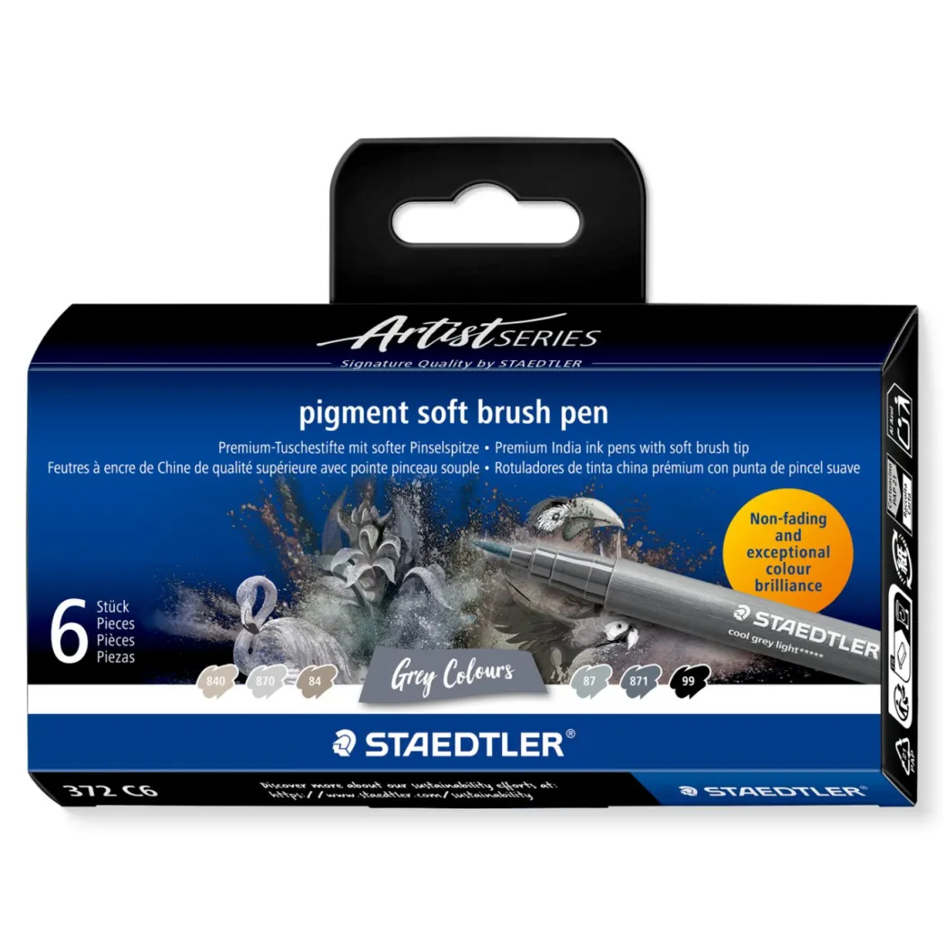 Pigment Arts Soft Brush Pen 6-set Grey