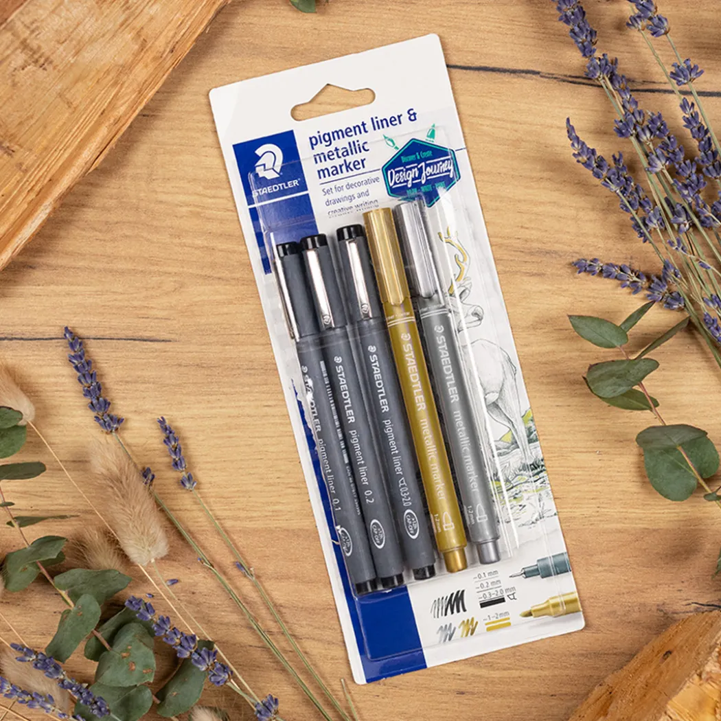 Pigment Liner + Metallic pen 5-pack