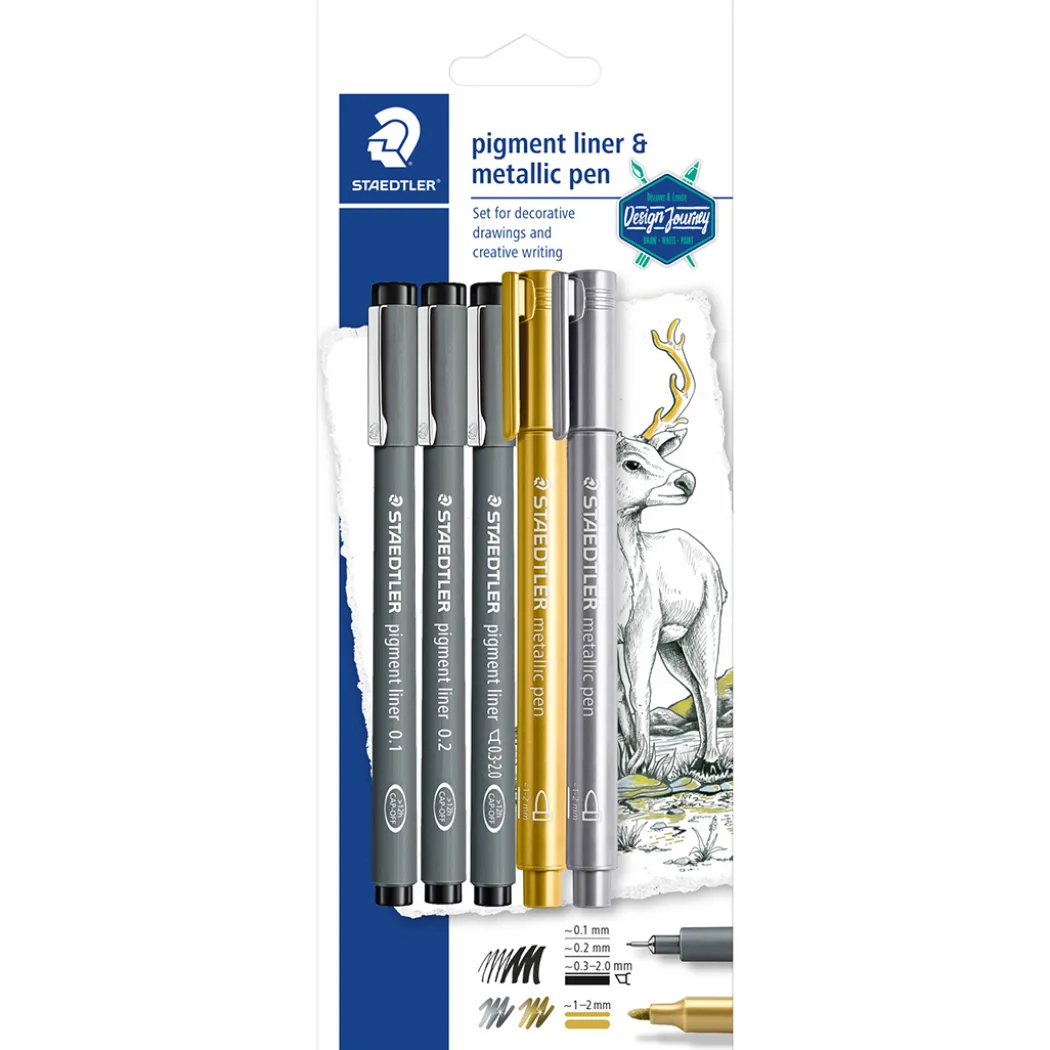 Pigment Liner + Metallic pen 5-pack
