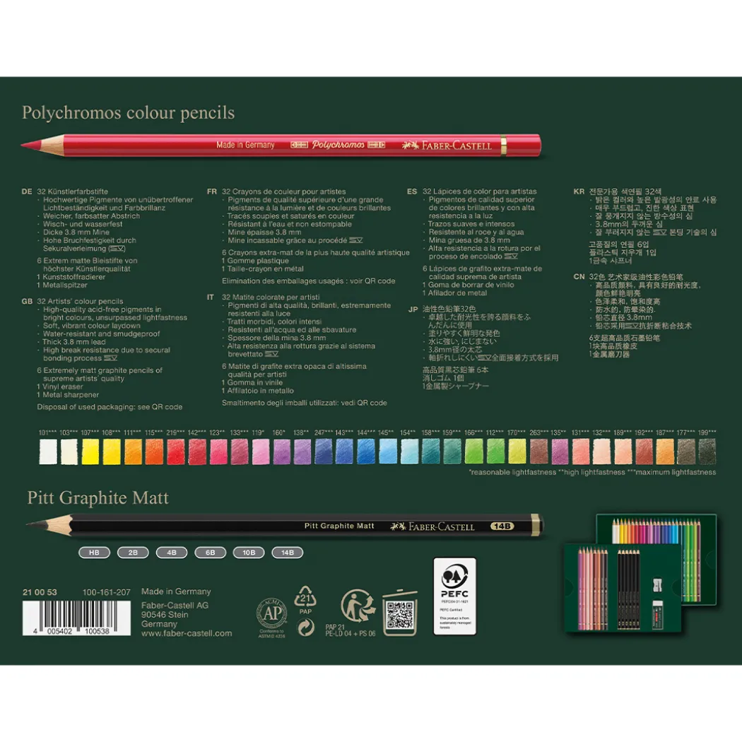 Polychromos & Pitt Graphite Matt Set 32 färgpennor + 6 grafitpennor