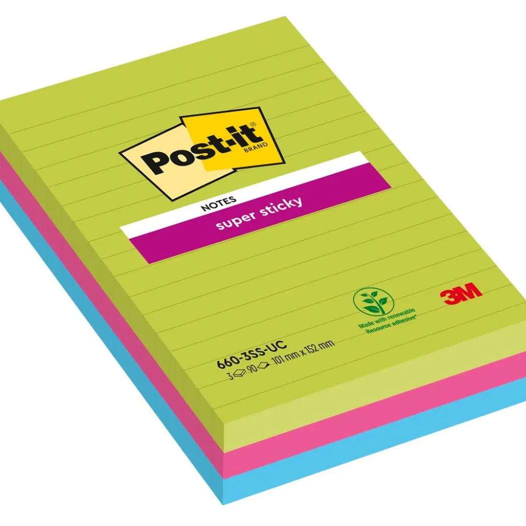 Post-it Super Sticky 101x152 Färgmix Neon Linjerad 3-pack