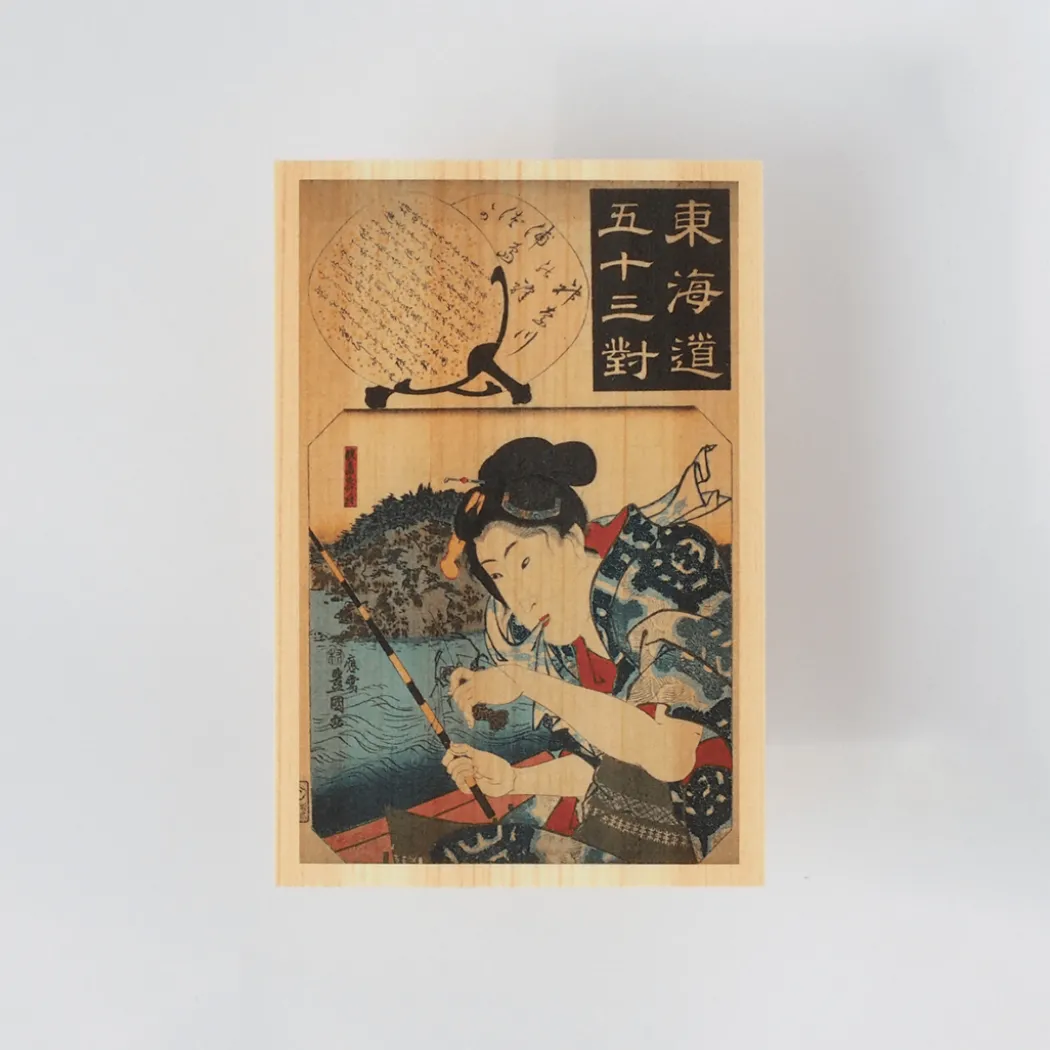 Vykort i Hinoki-trä – Kuniyoshi ”Tokaido Highway” 6-set