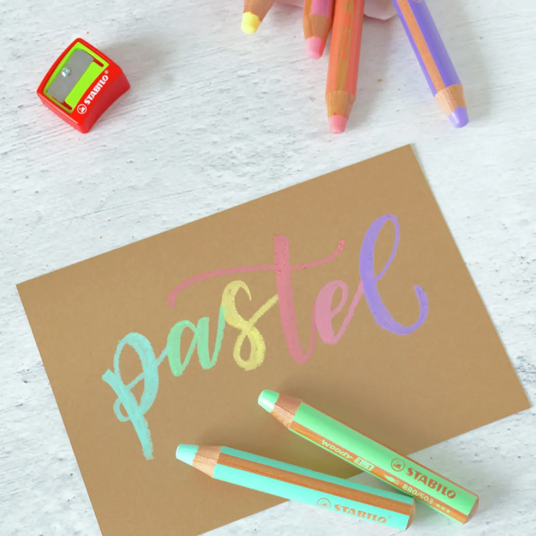 Woody 3-in-1 Färgpennor Pastell 6-set + vässare (3 år+)
