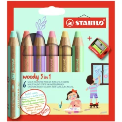 Woody 3-in-1 Färgpennor Pastell 6-set + vässare (3 år+)