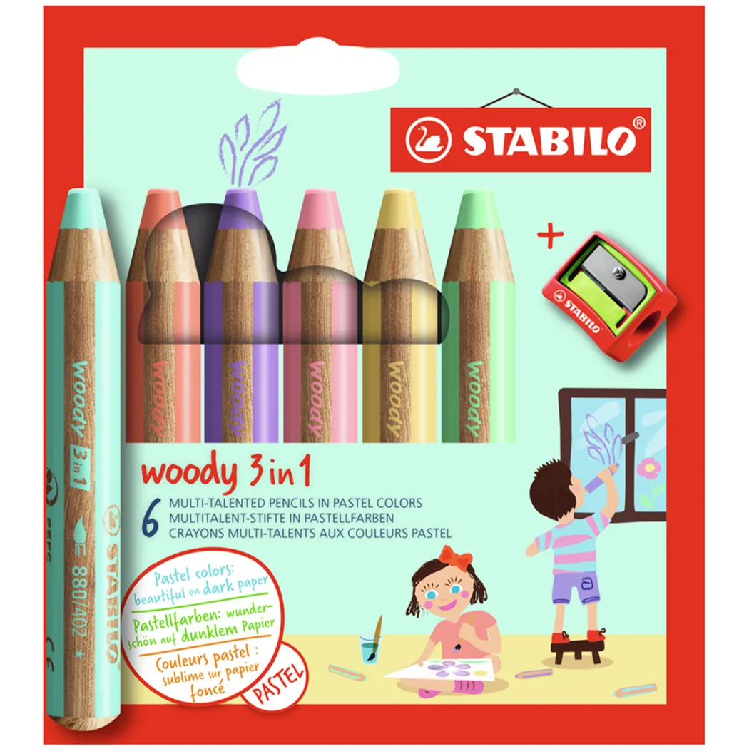 Woody 3-in-1 Färgpennor Pastell 6-set + vässare (3 år+)