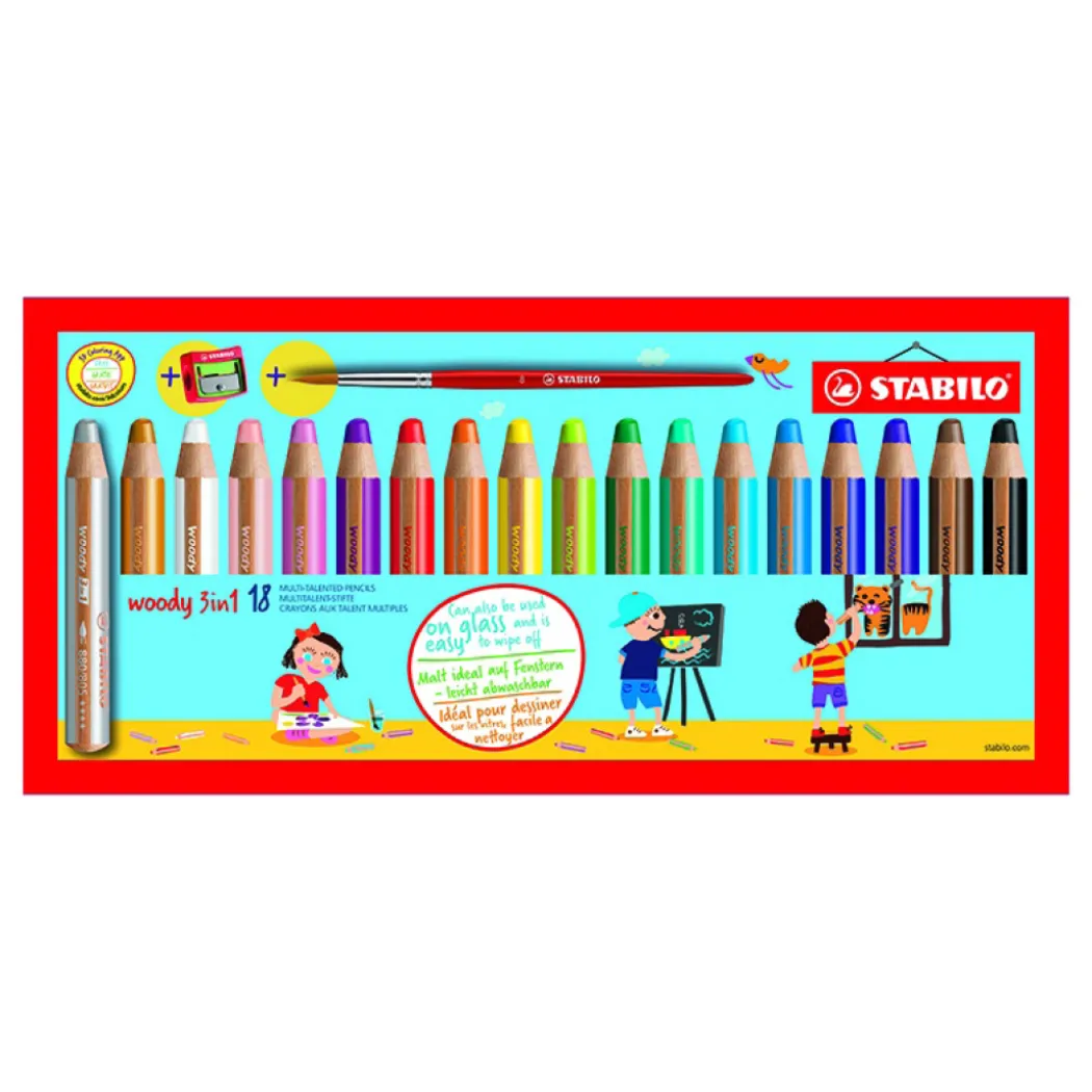 Woody 3-in-1 Färgpennor 18-set + vässare och pensel (3 år+)